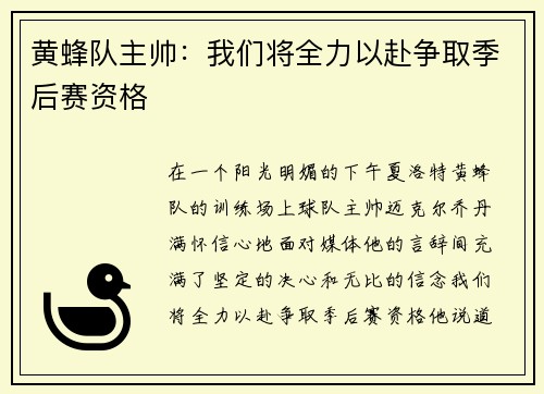 黄蜂队主帅：我们将全力以赴争取季后赛资格
